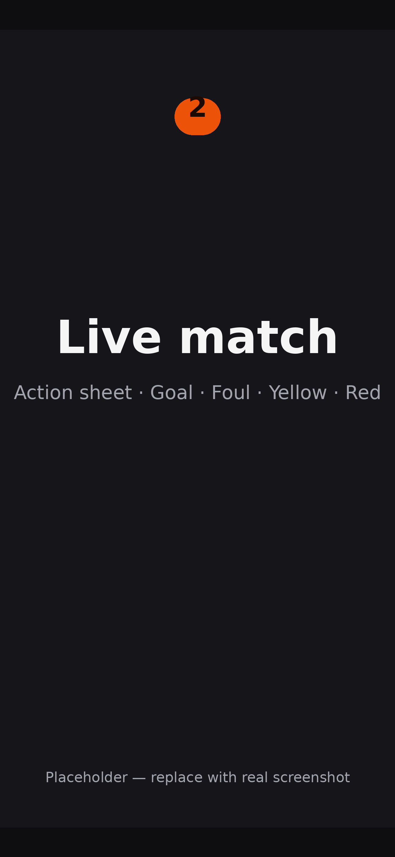 Benchwarmer live match with an action sheet open on a player, offering Goal, Foul, Yellow, Red